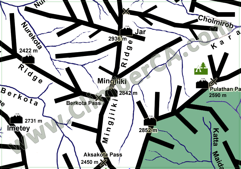 West Tien-Shan Mountains Map Mingjilki Ridge